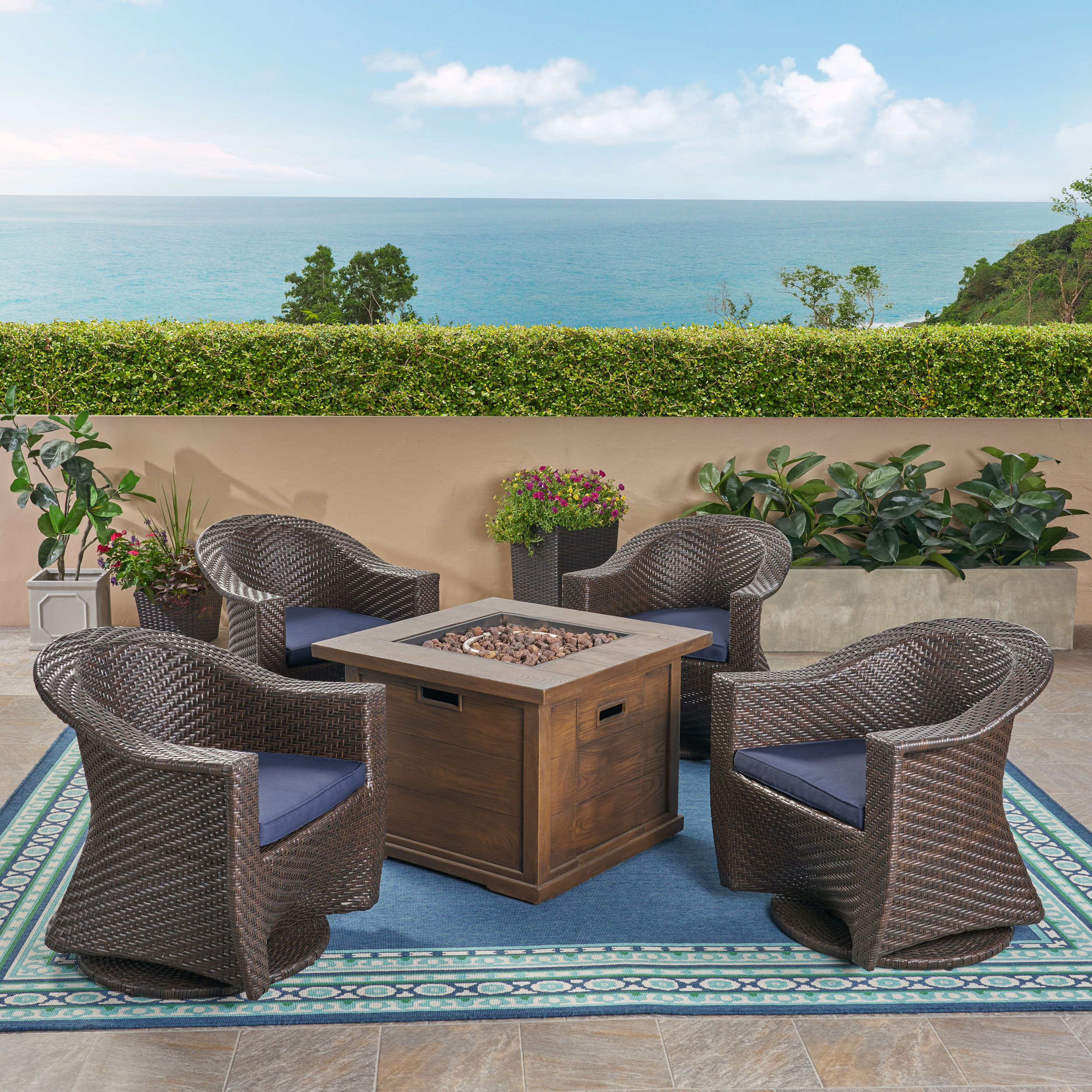 Celeste Patio Fire Pit Set, 4-Seater with Wicker Swivel Chairs, Multi-Brown, Navy Blue, Brown with Wood Design - image 1 of 10