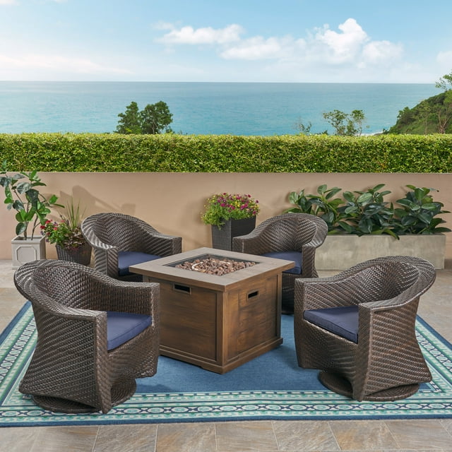 Celeste Patio Fire Pit Set, 4-Seater with Wicker Swivel Chairs, Multi-Brown, Navy Blue, Brown with Wood Design