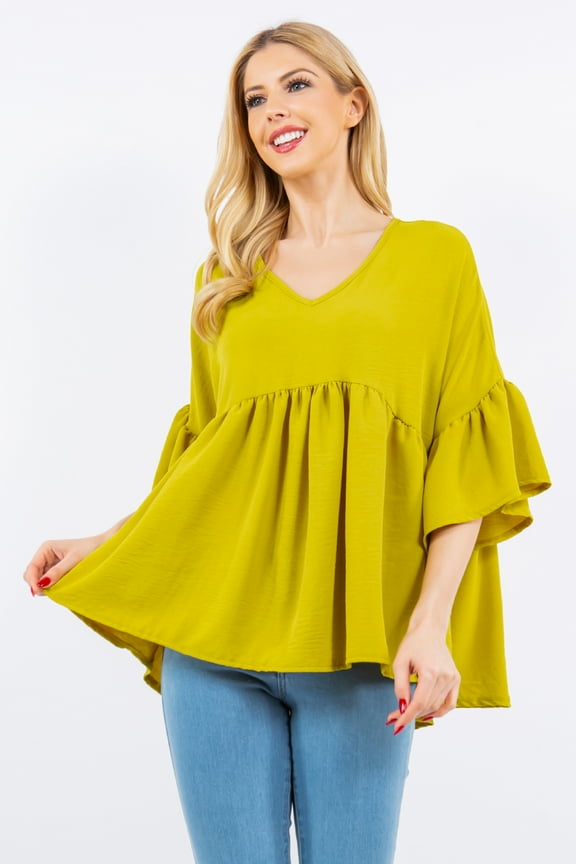 Women's S-3X Empire V-neck Top with Flowy Design with Ruffle Sleeves Made in USA