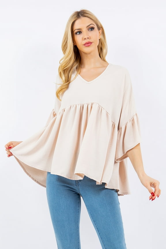 Women's S-3X Empire V-neck Top with Flowy Design with Ruffle Sleeves Made in USA