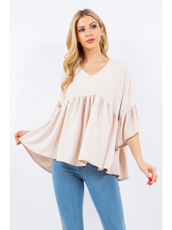 Women's S-3X Empire V-neck Top with Flowy Design with Ruffle Sleeves Made in USA