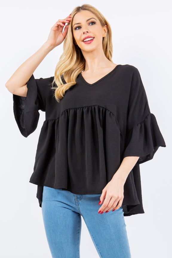 Women's S-3X Empire V-neck Top with Flowy Design with Ruffle Sleeves Made in USA