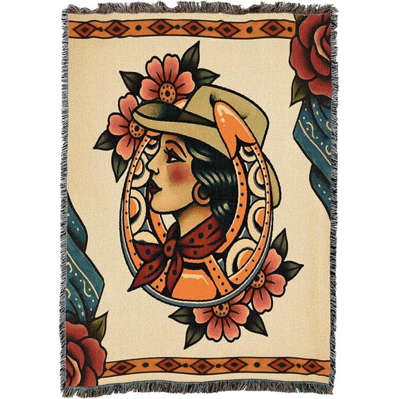 Celestial American Traditional Blue- Tattoo Design - Tapestry Throw Blanket Wove