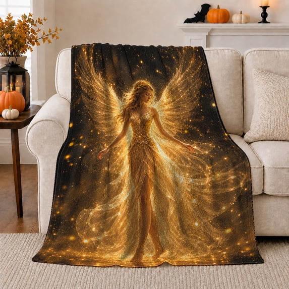 Celestial Angel Glow Golden Wings, Peaceful Celestial Art Scene, Warm Flannel Blanket for Living Room and Bedroom, Celestial Art Lovers Housewarming Gift, Fantasy Home Decor