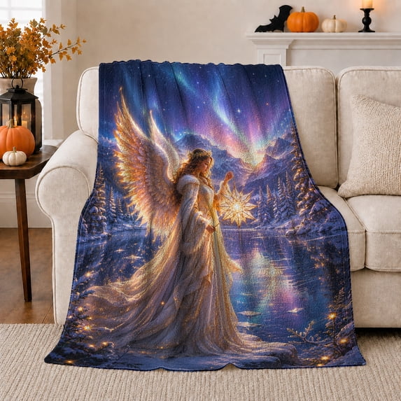 Celestial Angel Glowing Star Winter Snowscape, Peaceful Celestial Art Scene, Warm Flannel Blanket for Home Library and Reading Nook, Celestial Art Lovers Housewarming Gift, Fantasy Home Decor