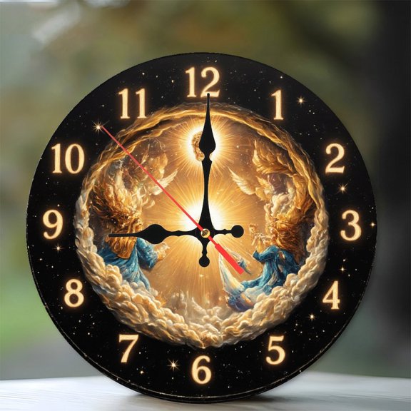 Celestial Angels Golden Clock Wall Art Home Decor 10-Inch Silent Wooden Wall Clock, Battery Operated (AA Batteries Not Included), Artistic Home Decor