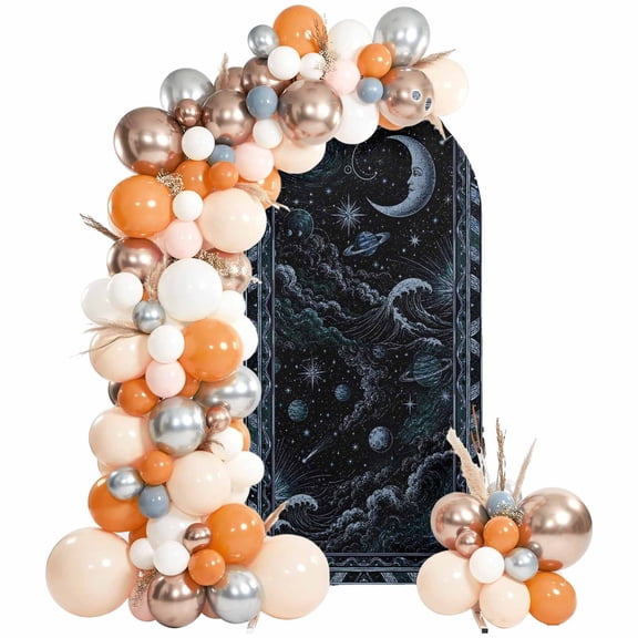 Celestial Arch Backdrop Cover 6Ft, Wedding Arch Covers Stretchy Backdrop, Midnight Cosmic Beach Fantasy Moon Abstract Fitted 2 Sided Arched Photo Background for Birthday Party Decorations