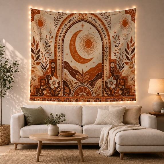 Celestial Arch with Sun and Moon Against Cream Background, Mystical Boho for Boho Decor Lovers, Bohemian Wall Art, Housewarming Gift, Tapestry Wall Hanging for Bedroom and Living Room