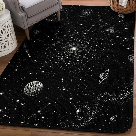 Celestial Area Rugs for Living Room 5x6, Modern Minimalist Black White Night Sky Planet Star Washable Area Rug Non Slip, Stain Resist Linen Carpet for Bedroom, Dining Room, Entryway, Entrance
