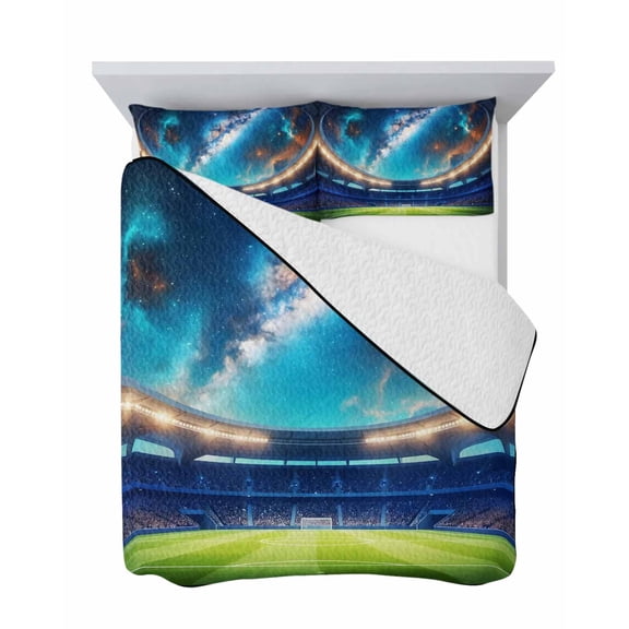 Celestial Arena 3 Piece Quilt Set Twin Size, Art Galaxy Stadium Cinematic Dreamy Deep Blue Soft Bedspread Coverlet Bedding Set Microfiber Lightweight Comforter Set with 2 Pillowcases for Bedroom