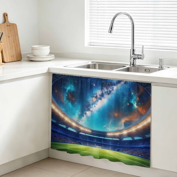 Celestial Arena Cabinet Curtains for Kitchen 10"W x 11"L, Art Galaxy Stadium Cinematic Dreamy Deep Blue Under Sink Skirt Magic Tape Short Curtain Decorative Privacy Panel for Bathroom Laundry