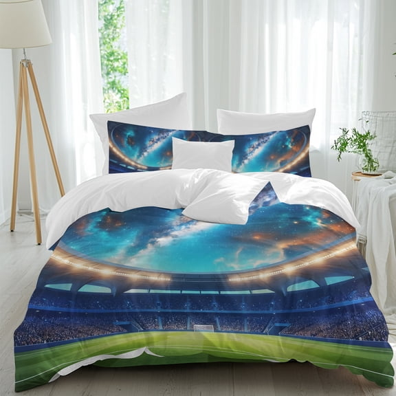Celestial Arena Comforter Set California King Size, Art Galaxy Stadium Cinematic Dreamy Deep Blue Soft Bedding Set for Man Woman, 4 Pieces Duvet Cover Set with Fitted Sheet, 2 Pillowcases