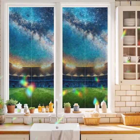 Celestial Arena Window Privacy Film Art Galaxy Stadium Cinematic Dreamy Starry Sky Static Cling Stained Glass Window Film Non-Adhesive Decorative Decals Rainbow Sticker 17.7"X39.3"