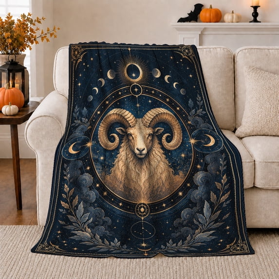 Celestial Aries Zodiac Ram Design Moon Phases, Cozy Friendship Quote Scene, Warm Flannel Blanket for Living Room and Reading Nook, Art Lovers Friendship Gift, Artistic Home Decor