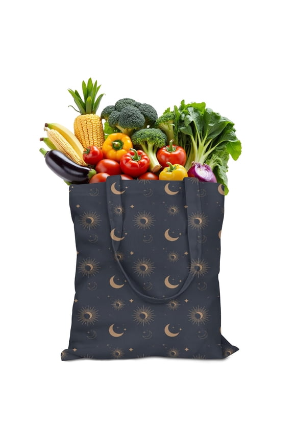Celestial Astrology Canvas Tote Bag with Gothic Cosmic Pattern, Durable Eco-Friendly Reusable Shopping Tote for Women, Lightweight Foldable Handbag for Travel