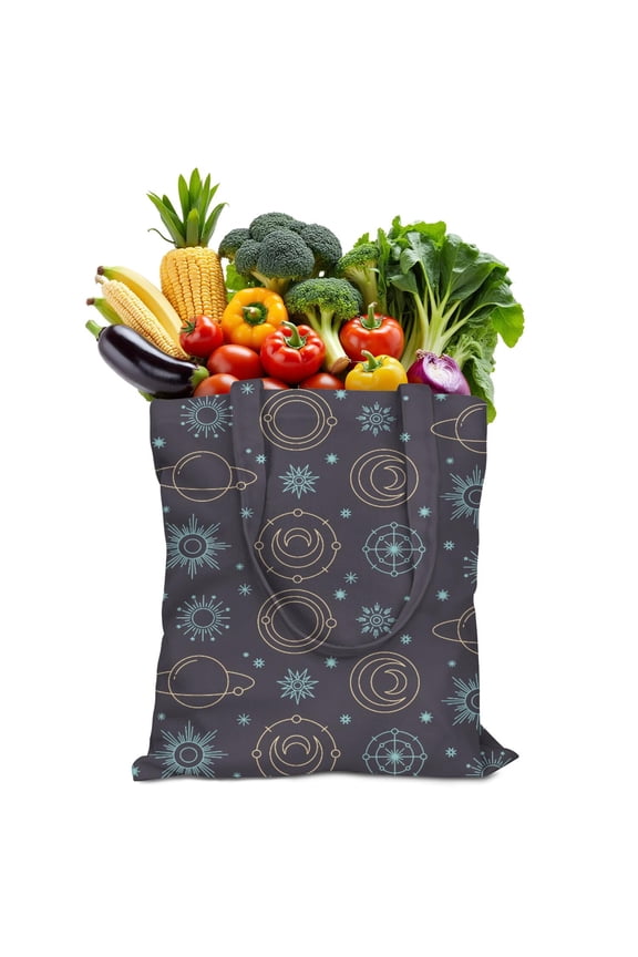 Celestial Astrology Canvas Tote Bag with Gothic Cosmic Pattern, Durable Eco-Friendly Reusable Shopping Tote for Women, Lightweight Foldable Handbag for Travel