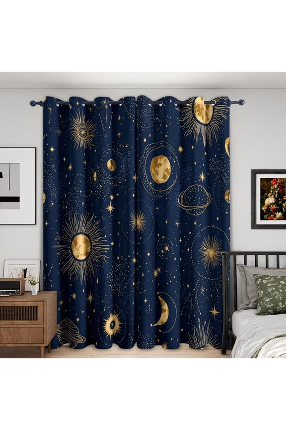 Celestial Astrology Curtains For Living Room , Aesthetic Sun Moon Pattern Design Blackout Curtains, Celestial Astrology Bedroom Decor Window Drapes With Grommet 38"W x 45"L (Pack of 2)
