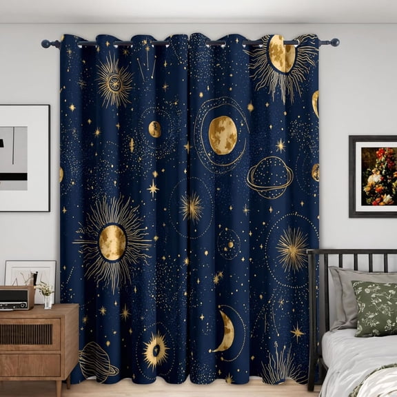 Celestial Astrology Curtains For Living Room , Aesthetic Sun Moon Pattern Design Blackout Curtains, Celestial Astrology Bedroom Decor Window Drapes With Grommet 38"W x 45"L (Pack of 2)