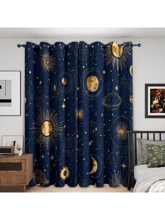 Celestial Astrology Curtains For Living Room , Aesthetic Sun Moon Pattern Design Blackout Curtains, Celestial Astrology Bedroom Decor Window Drapes With Grommet 38"W x 45"L (Pack of 2)