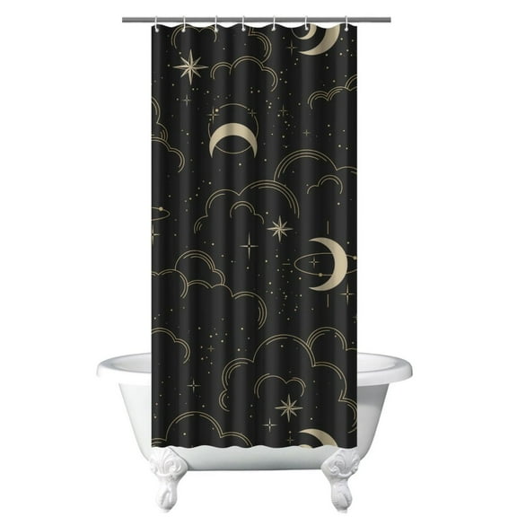 Celestial Astrology Shower Curtain with Gothic Moon Sun Star Print, Cosmic Night Sky Spiritual Aesthetic Curtain with Hooks, Mystical Golden Witchy Bathroom Decor