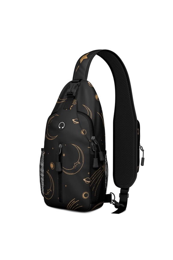 Celestial Astrology Sling Backpack with Witchy Golden Star Print, Lightweight Crossbody Daypack with Multiple Compartments, Adjustable Shoulder Strap for Daily Commuting
