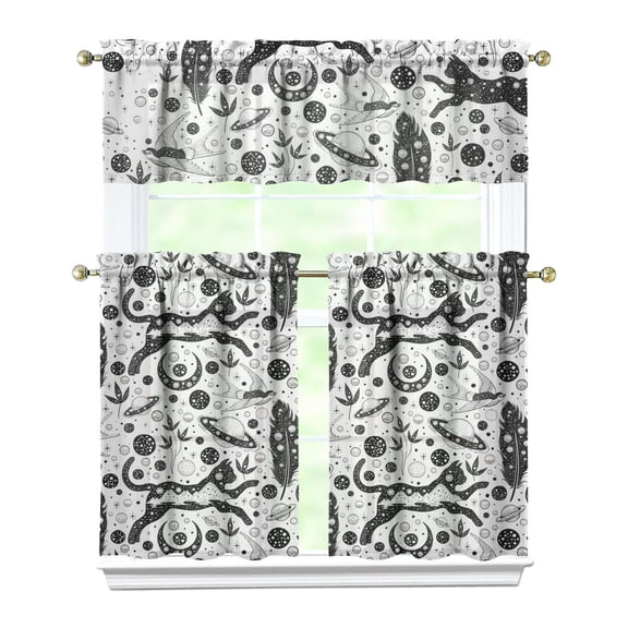Celestial Astronomical Kitchen Curtains Set - Dark Aesthetic 3-Piece Rod Pocket Curtains with Eclipse & Constellation Print