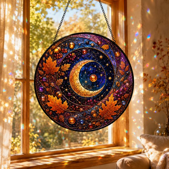 Celestial Autumn Stained Glass Suncatcher Window Hanging for Seasonal Home Decor