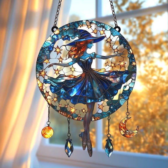 Celestial Ballerina Acrylic Suncatcher, Moon Dancer Faux Stained Glass Suncatcher Acrylic Window Hanging With Star Charms, Gift For Her