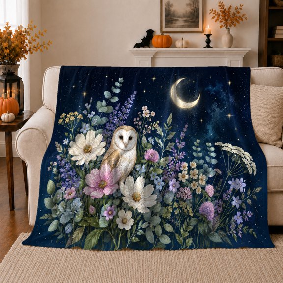 Celestial Barn Owl Moonlit Wildflower, Rustic Farmhouse Horse Scene, Warm Flannel Blanket for Ranch House and Living Room, Horse Lovers Housewarming Gift, Rustic Home Decor