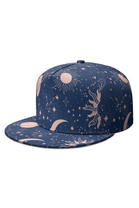 Celestial Baseball Cap – Sun & Moon Print Flat Visor Hat, Hip Hop Style Adjustable