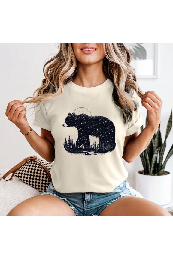 Celestial Bear Stars Forest Animals Womens T-Shirt Night Sky Graphic Tee All Size S-5XL