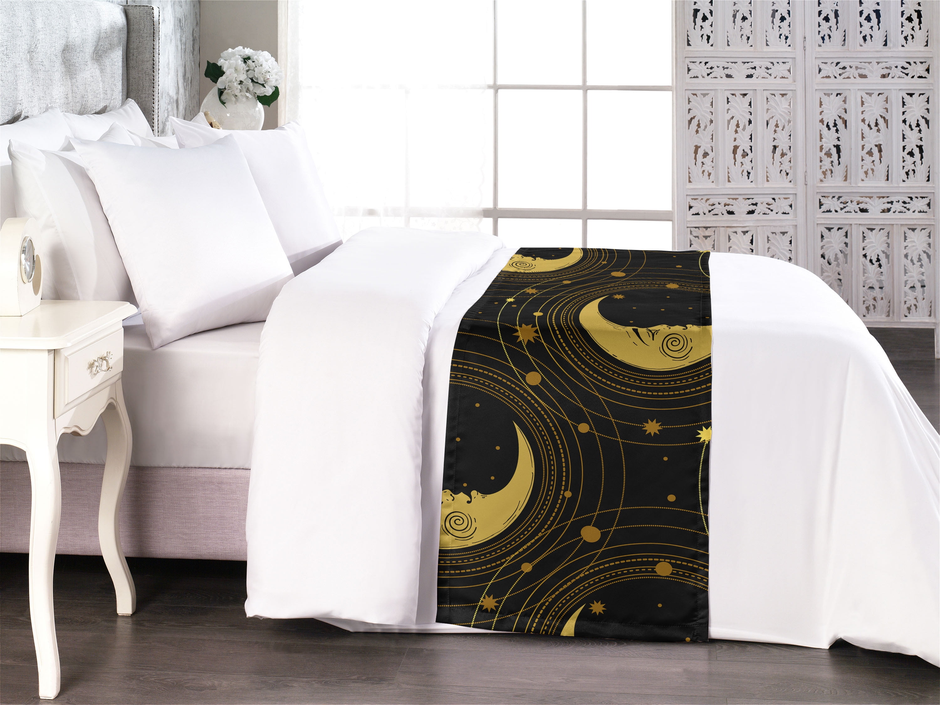Celestial Bed Runner, Bohemian Style Moon and Stars with Orbit Circles