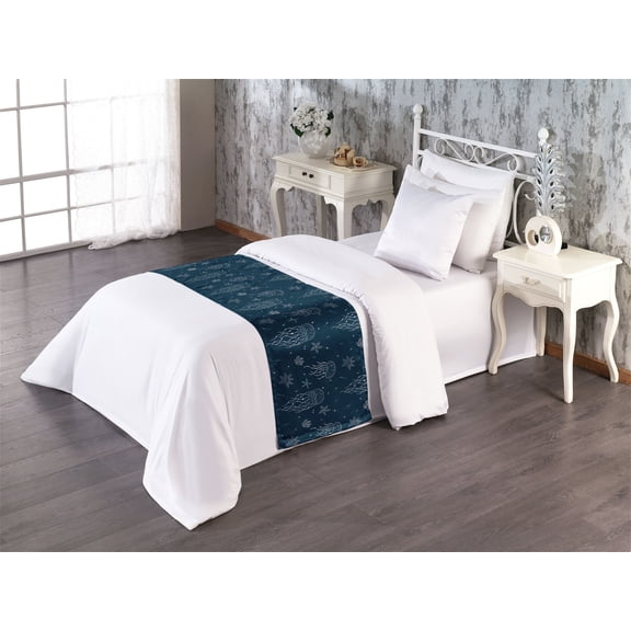 Celestial Bed Runner, Fusion Astrology and Nautical Seafish Jellyfish Sketch on Atmosphere, Decorative Accent Bedding Scarf for Hotels Homes & Guest Rooms, Twin, Dark Sky Blue and Ivory, by Ambesonne