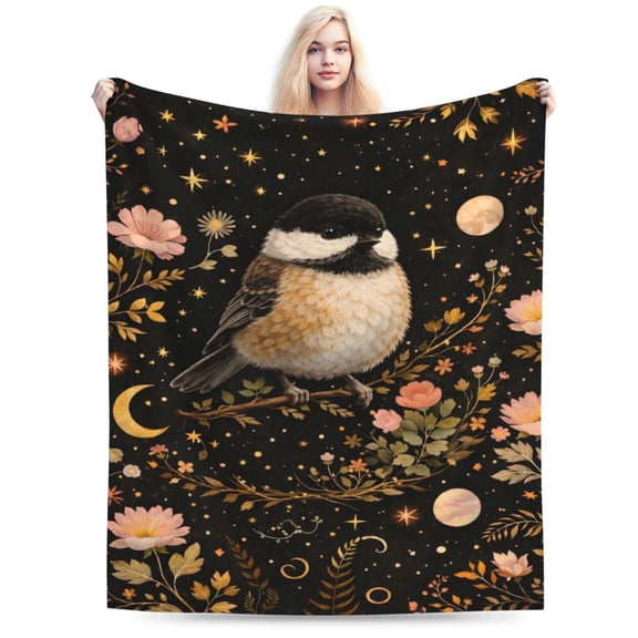 Celestial Bird Moon Blanket, Night Sky Floral Boho Throw, Starry Nature Fleece Blanket for Christmas Winter Home Decor 50x40