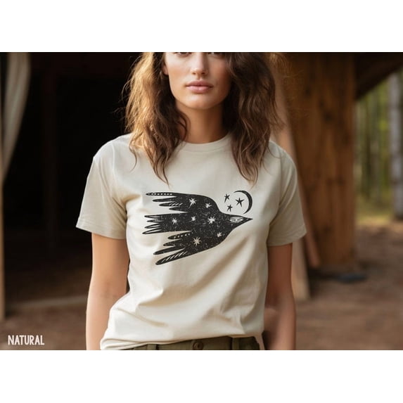 Celestial Bird Shirt Flying Bird Night Sky Moon Stars Vintage Tee Distressed Graphic Tshirt Bohemian Style Trendy Boho Design Folk Art Tee TH270509