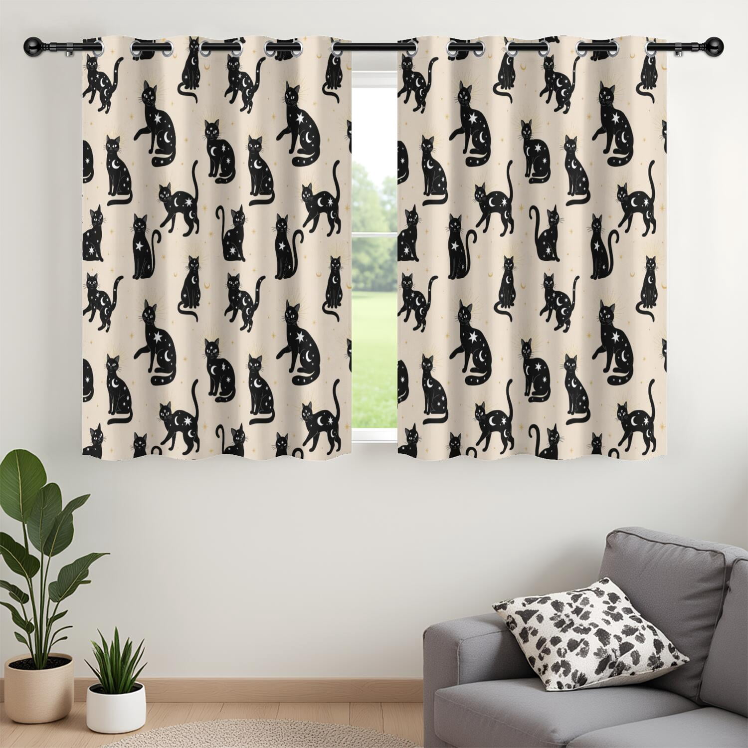 Celestial Black Cat Beige Pattern Blackout Curtains,Triple Weaved ...