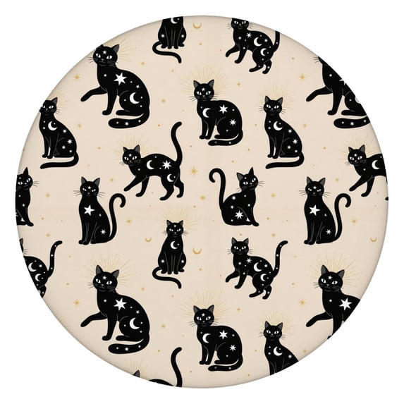 Celestial Black Cat Beige Pattern Round Fitted Tablecloth with Elastic Edge, Waterproof Dining Table Cover for Indoor Outdoor Camping and Daily Use