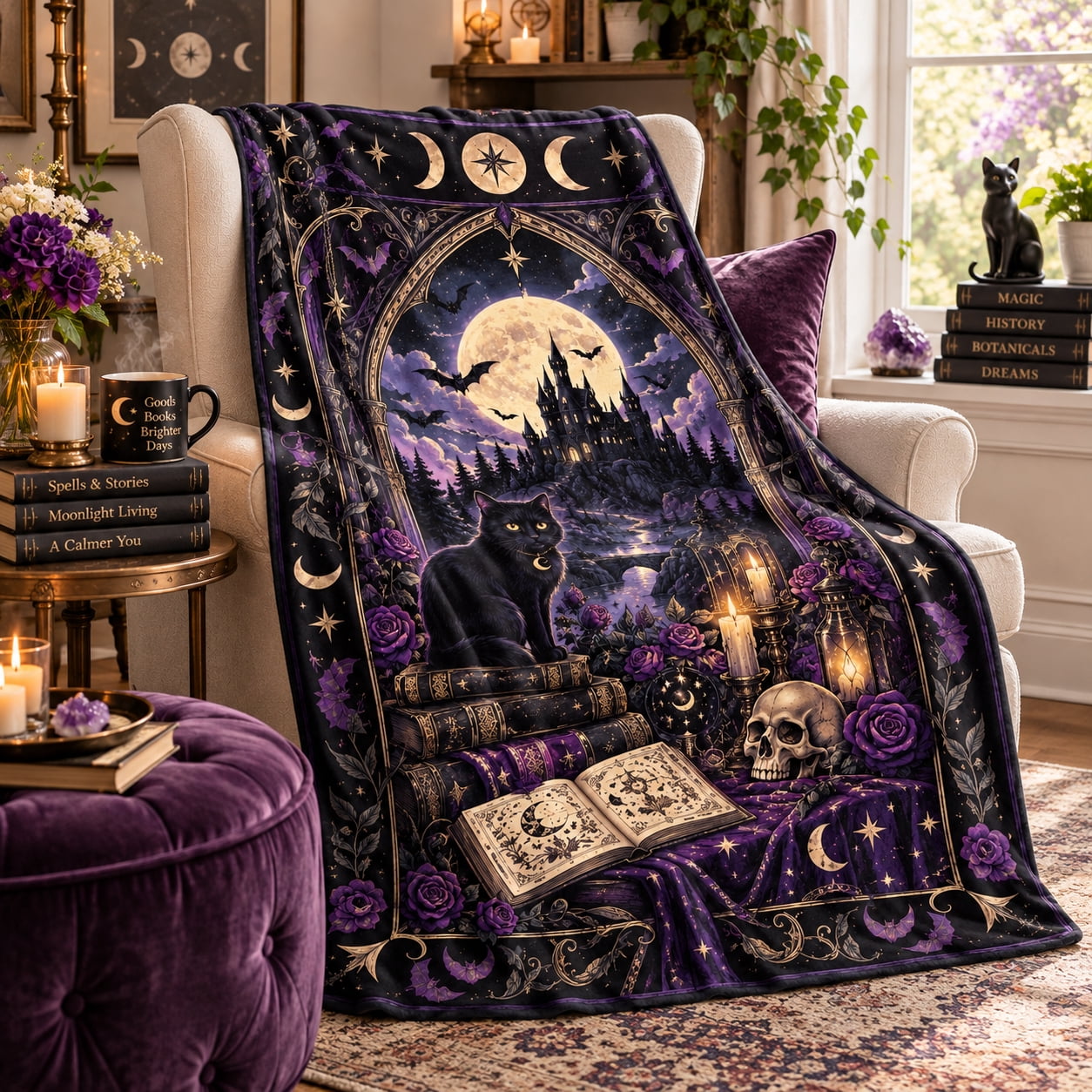 Throw Roses Book Celestial Black Cat Blanket, Purple Gothic Flannel Throw with Moon ...