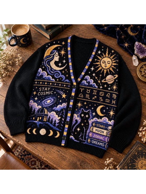 Celestial Black Cat Cardigan Astrology Mystic Star Moon Knitted Sweater