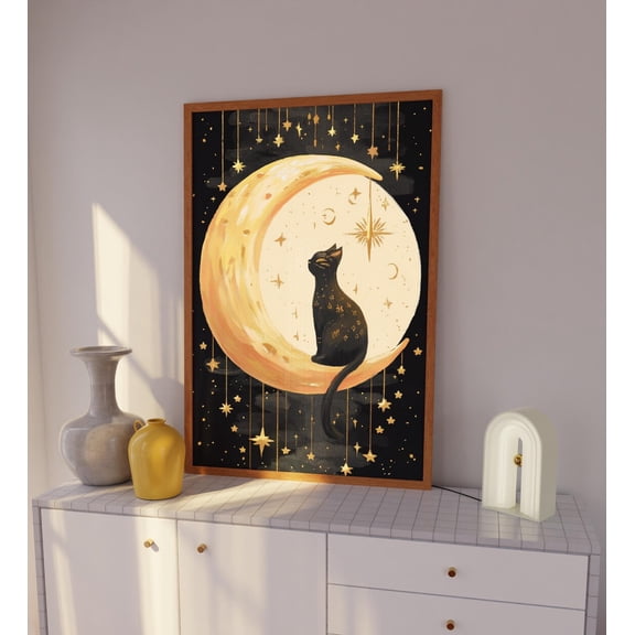Celestial Black Cat Gold Starry Night Sky Art, Unframed Paper Poster 8x10in