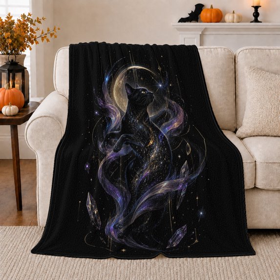 Celestial Black Cat Leaping Moon, Festive Pet Portrait Pattern, Warm Flannel Blanket for Living Room and Bedroom, Cat Lovers Christmas Gift, Pet Lover Home Decor