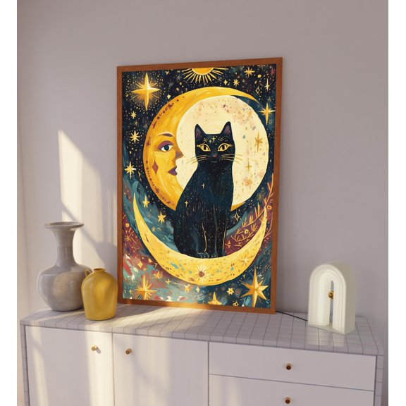 Celestial Black Cat Moon Mystical Starry Night Art, Unframed Canvas 8x10in
