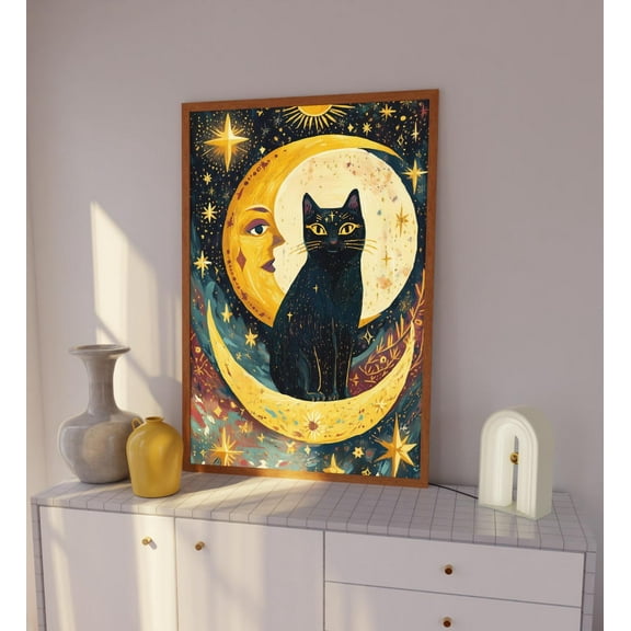 Celestial Black Cat Moon Wall Art Print, Mystical Starry Night Sky Wall Decor, Witchy Cute Decor, Spiritual Art, Cute Maximalist Cat Poster Wall Art, Modern Wall Decor, 8x12 UNFRAMED