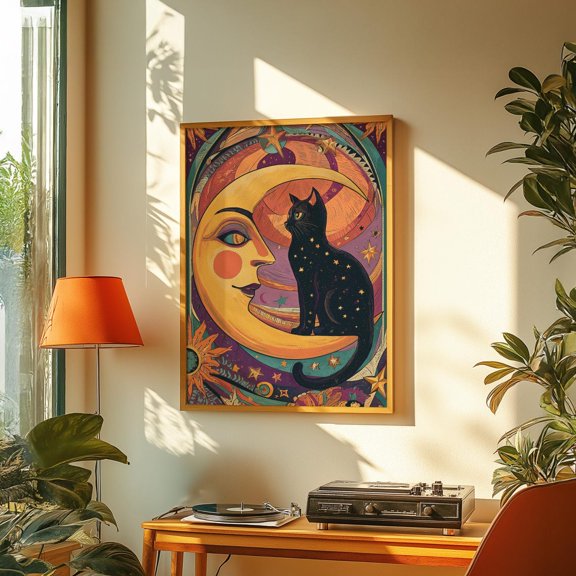 Celestial Black Cat Retro Moon and Stars Art, Stretched Canvas 8x10in