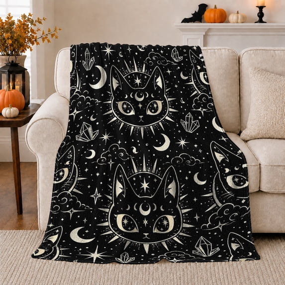 Celestial Black Cat Starry Night Pattern, Festive Pet Portrait Pattern, Warm Flannel Blanket for Living Room and Bedroom, Cat Lovers Just Because Gift, Pet Lover Home Decor