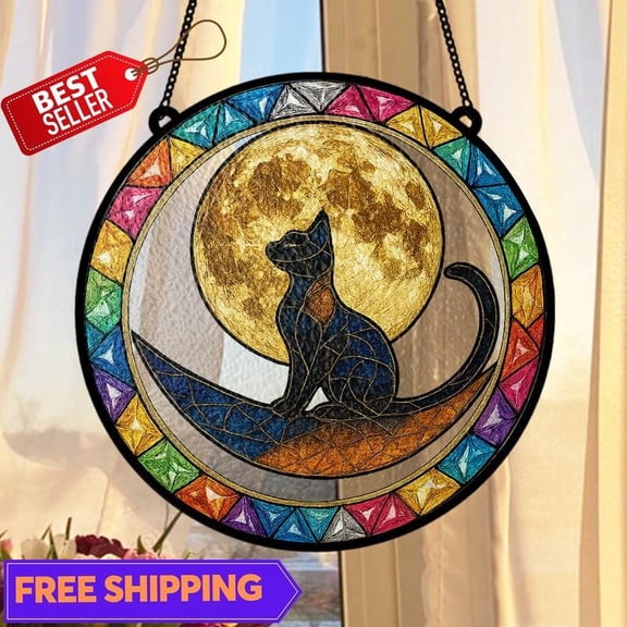 Celestial Black Cat Suncatcher, Glass-Effect Crescent Moon Round Panel