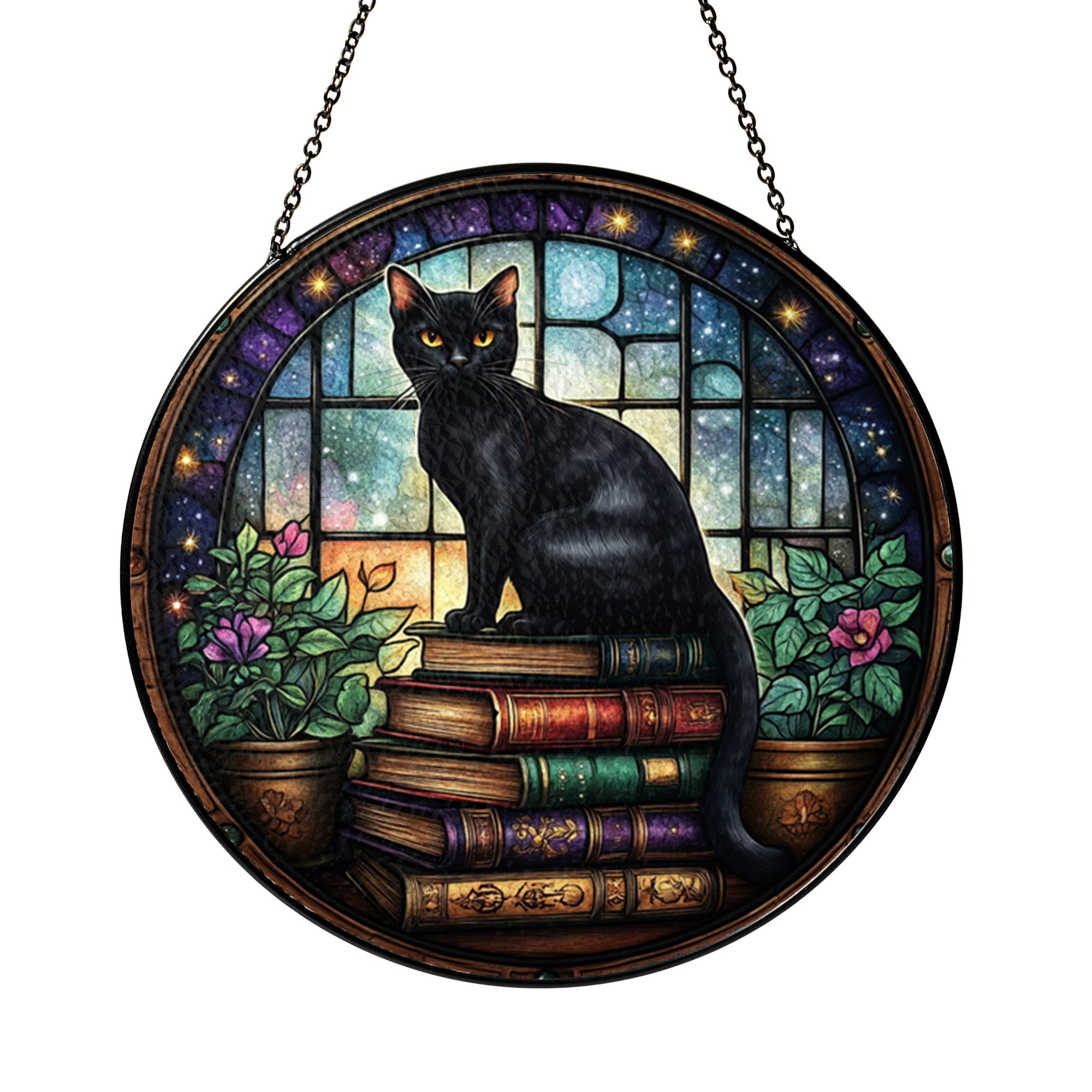 Celestial Black Cat Suncatcher, Gothic Stained Glass Style Window ...