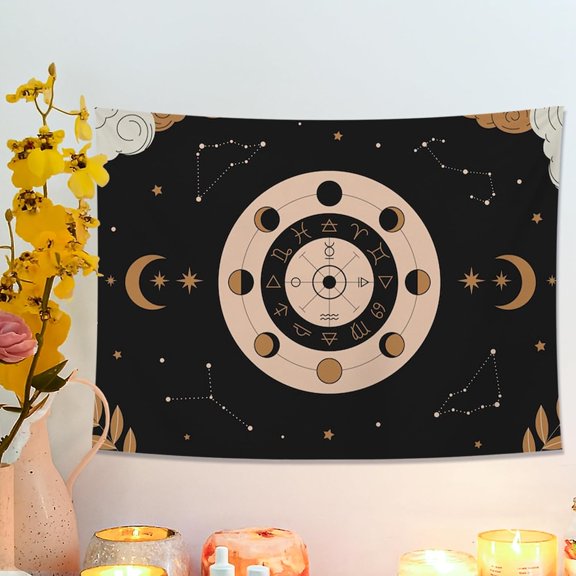 Celestial Black Tapestry, Astrology Zodiac Signs Wall Hanging, Mystical Decor for Bedroom, Living Room, Dorm, Bohemian Style 40x30 Inch