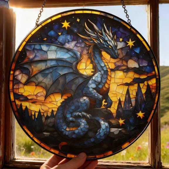 Celestial Blue Dragon Suncatcher, Fantasy Glass Style Window Hanging, 3.5 in