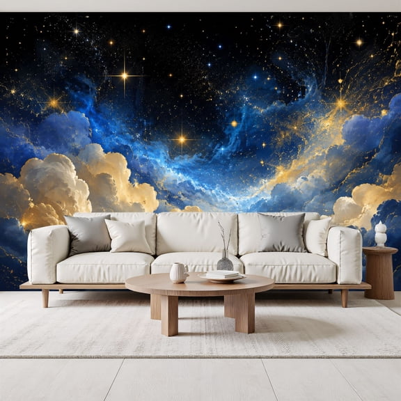 Celestial Blue Gold Starry Night Sky Cosmic Peel and Stick Wall Murals 69"H x 96"W Removable PVC Wallpaper Self-Adhesive Wall Paintings for Bedroom Living Room